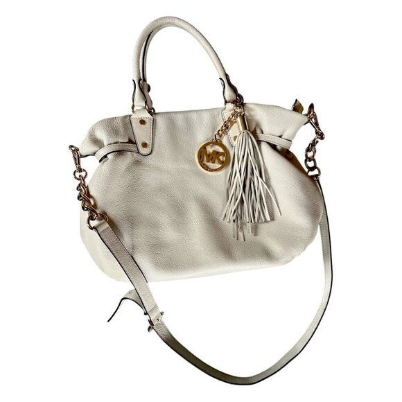 Michael Kors AUTHENTIC Vanilla Megan Lg Satchel Soft Pebbled Leather Handbag - Picture 1 of 12